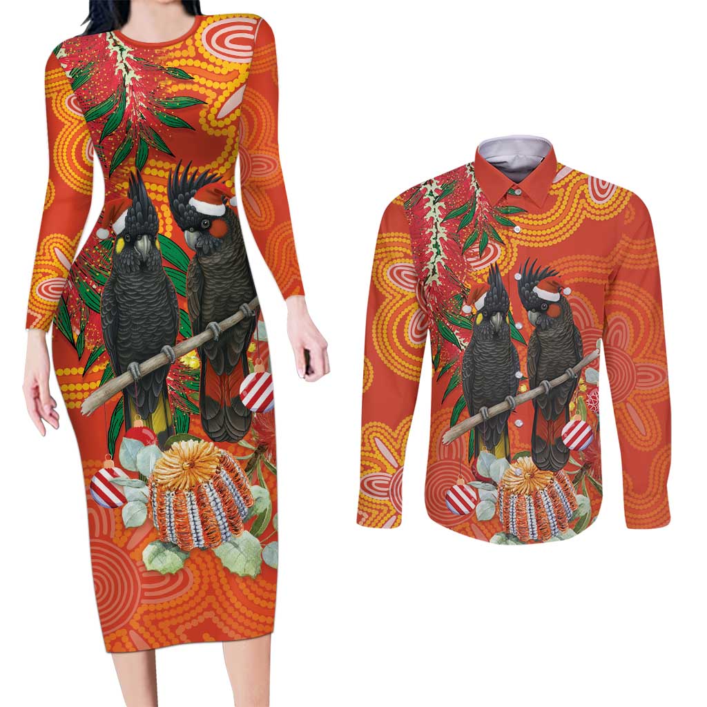 Australia Black Cockatoo Christmas Couples Matching Long Sleeve Bodycon Dress and Long Sleeve Button Shirt Banksia Bottlebrush Aboriginal Art - Aussie Hoodie
