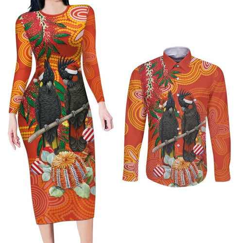 Australia Black Cockatoo Christmas Couples Matching Long Sleeve Bodycon Dress and Long Sleeve Button Shirt Banksia Bottlebrush Aboriginal Art - Aussie Hoodie