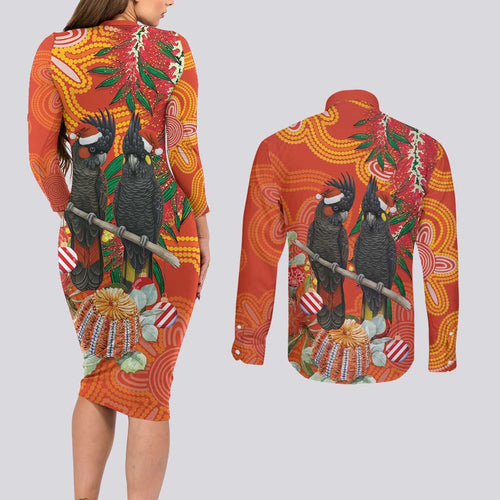 Australia Black Cockatoo Christmas Couples Matching Long Sleeve Bodycon Dress and Long Sleeve Button Shirt Banksia Bottlebrush Aboriginal Art - Aussie Hoodie