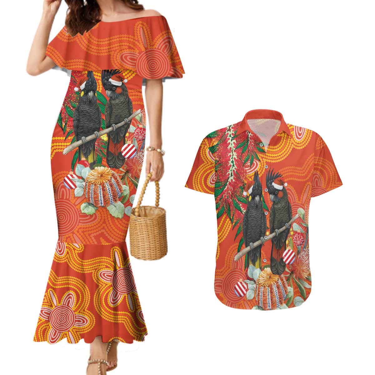 Australia Black Cockatoo Christmas Couples Matching Mermaid Dress and Hawaiian Shirt Banksia Bottlebrush Aboriginal Art - Aussie Hoodie