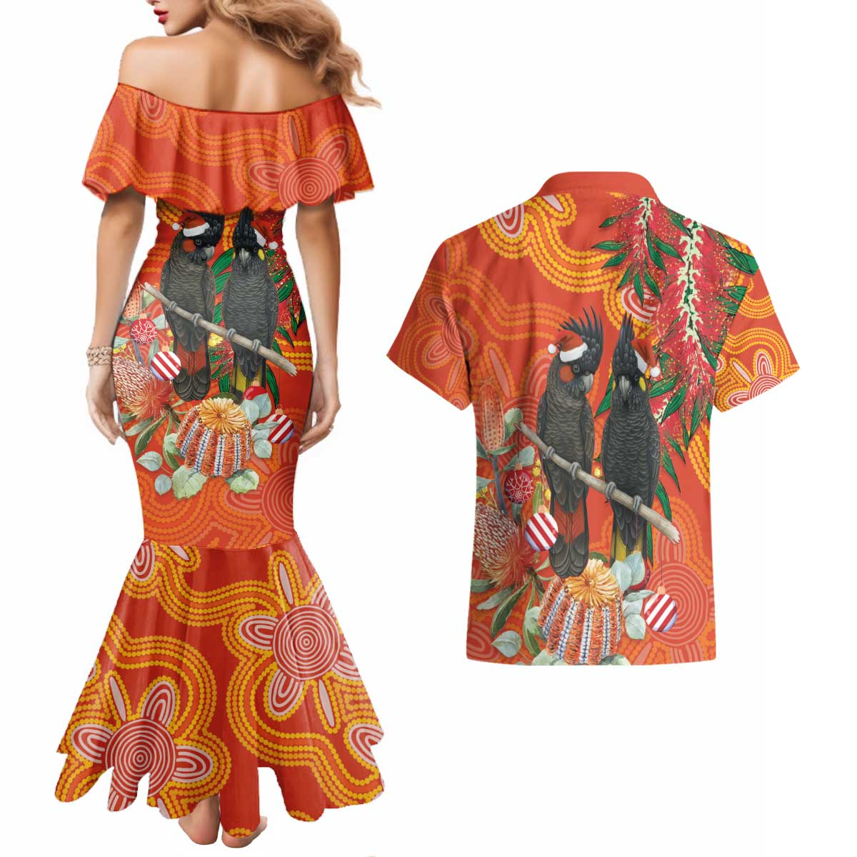 Australia Black Cockatoo Christmas Couples Matching Mermaid Dress and Hawaiian Shirt Banksia Bottlebrush Aboriginal Art - Aussie Hoodie