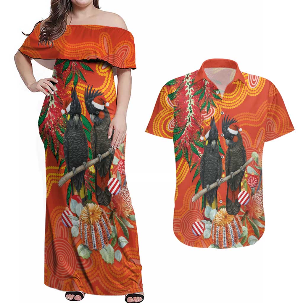 Australia Black Cockatoo Christmas Couples Matching Off Shoulder Maxi Dress and Hawaiian Shirt Banksia Bottlebrush Aboriginal Art - Aussie Hoodie