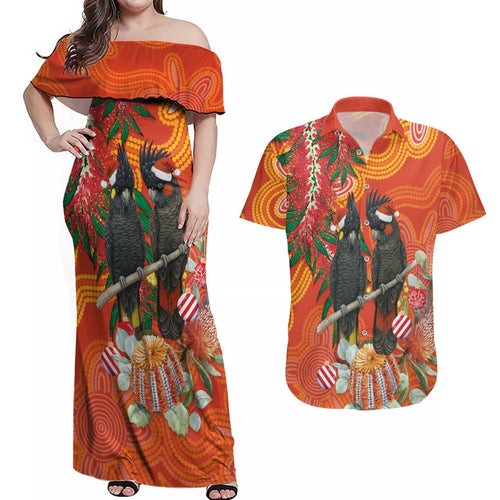 Australia Black Cockatoo Christmas Couples Matching Off Shoulder Maxi Dress and Hawaiian Shirt Banksia Bottlebrush Aboriginal Art - Aussie Hoodie