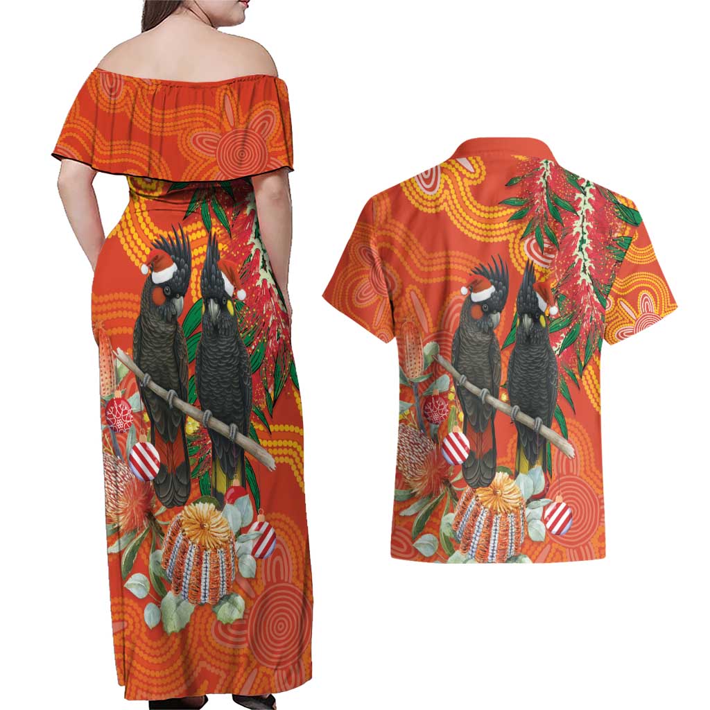 Australia Black Cockatoo Christmas Couples Matching Off Shoulder Maxi Dress and Hawaiian Shirt Banksia Bottlebrush Aboriginal Art - Aussie Hoodie
