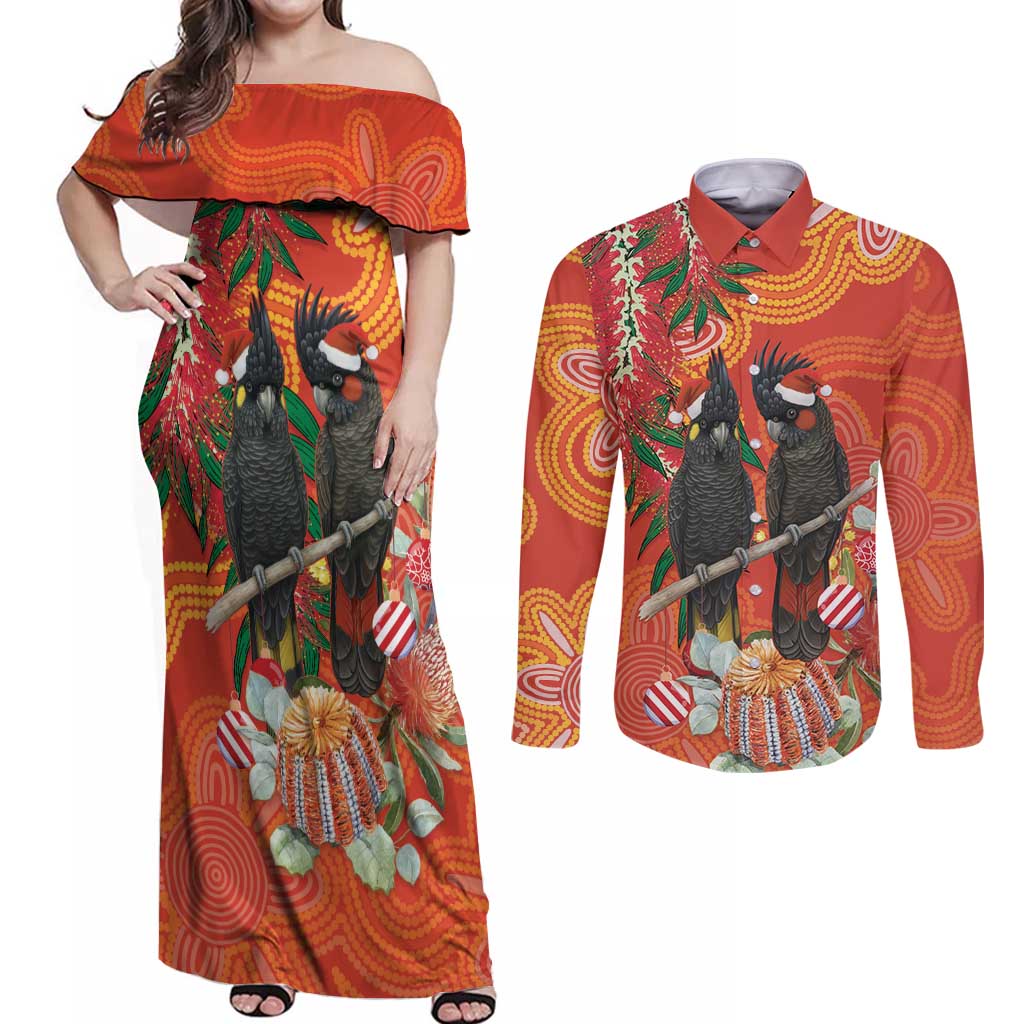 Australia Black Cockatoo Christmas Couples Matching Off Shoulder Maxi Dress and Long Sleeve Button Shirt Banksia Bottlebrush Aboriginal Art - Aussie Hoodie