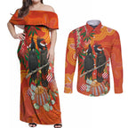 Australia Black Cockatoo Christmas Couples Matching Off Shoulder Maxi Dress and Long Sleeve Button Shirt Banksia Bottlebrush Aboriginal Art - Aussie Hoodie