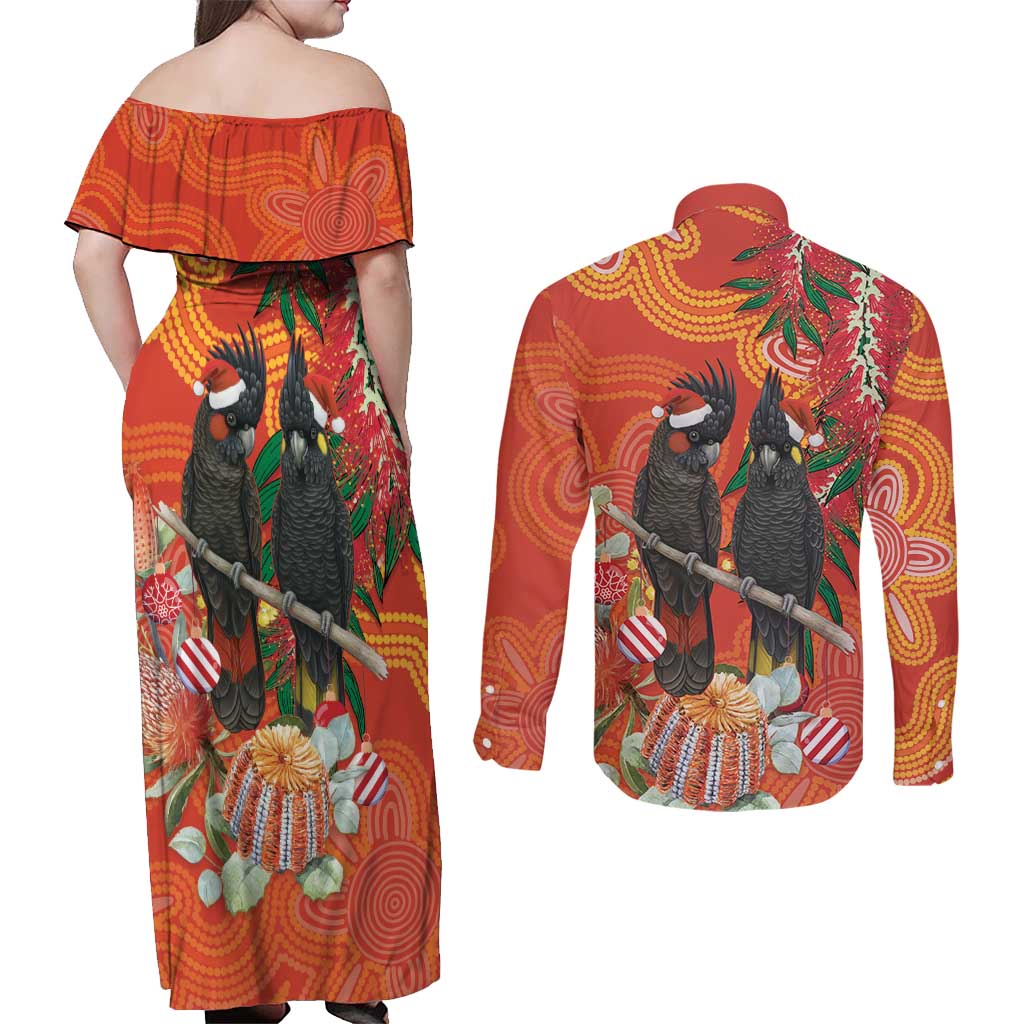 Australia Black Cockatoo Christmas Couples Matching Off Shoulder Maxi Dress and Long Sleeve Button Shirt Banksia Bottlebrush Aboriginal Art - Aussie Hoodie