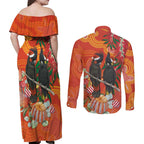 Australia Black Cockatoo Christmas Couples Matching Off Shoulder Maxi Dress and Long Sleeve Button Shirt Banksia Bottlebrush Aboriginal Art - Aussie Hoodie
