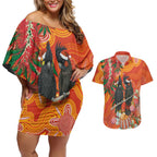Australia Black Cockatoo Christmas Couples Matching Off Shoulder Short Dress and Hawaiian Shirt Banksia Bottlebrush Aboriginal Art - Aussie Hoodie