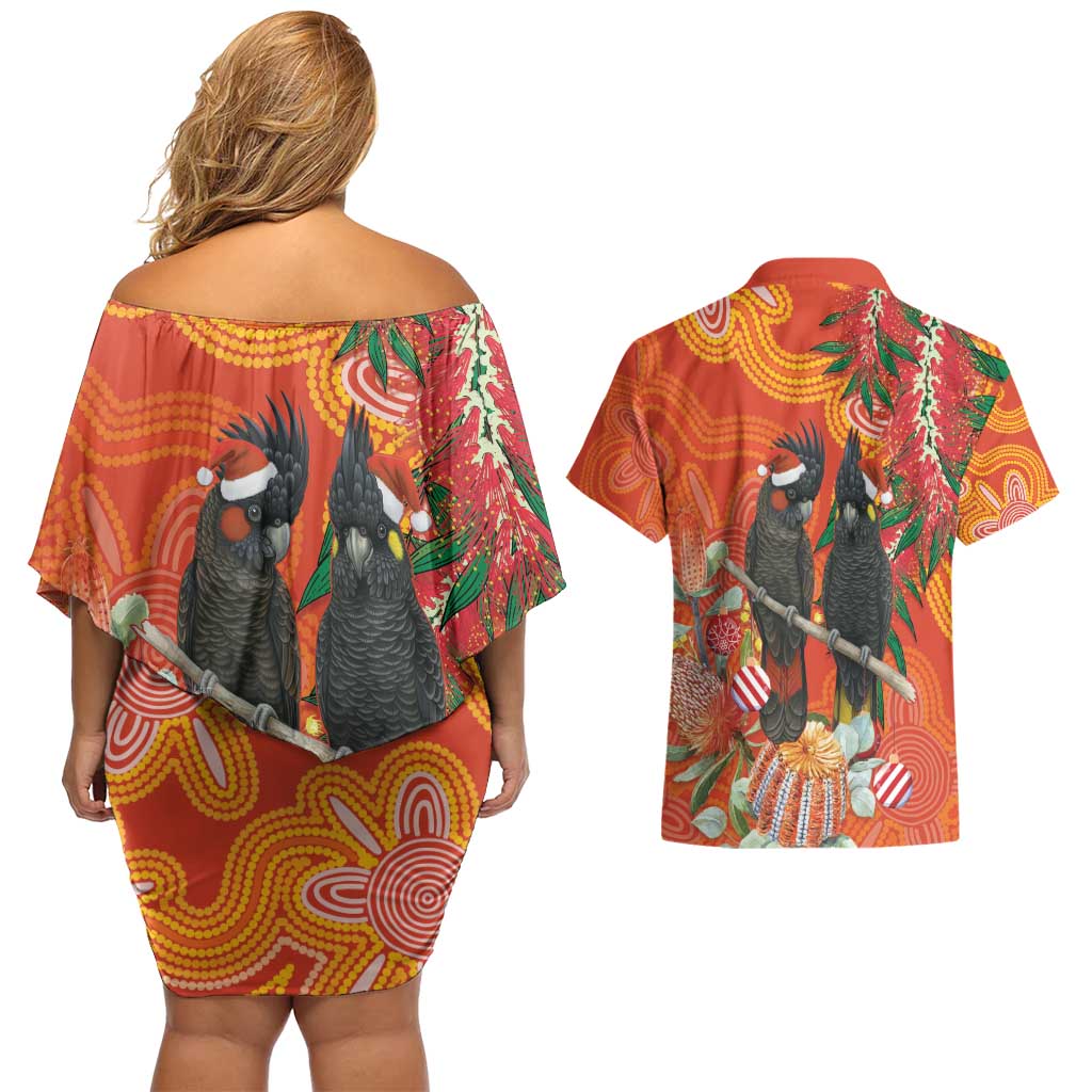 Australia Black Cockatoo Christmas Couples Matching Off Shoulder Short Dress and Hawaiian Shirt Banksia Bottlebrush Aboriginal Art - Aussie Hoodie