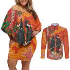 Australia Black Cockatoo Christmas Couples Matching Off Shoulder Short Dress and Long Sleeve Button Shirt Banksia Bottlebrush Aboriginal Art - Aussie Hoodie