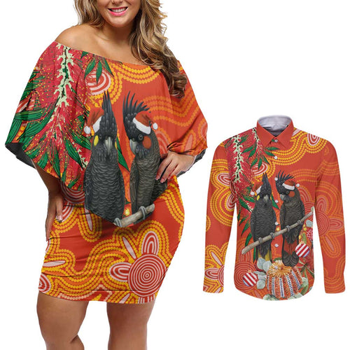 Australia Black Cockatoo Christmas Couples Matching Off Shoulder Short Dress and Long Sleeve Button Shirt Banksia Bottlebrush Aboriginal Art - Aussie Hoodie