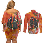 Australia Black Cockatoo Christmas Couples Matching Off Shoulder Short Dress and Long Sleeve Button Shirt Banksia Bottlebrush Aboriginal Art - Aussie Hoodie