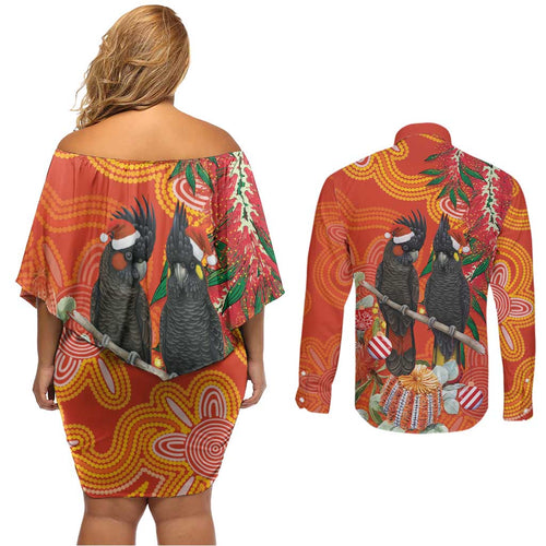 Australia Black Cockatoo Christmas Couples Matching Off Shoulder Short Dress and Long Sleeve Button Shirt Banksia Bottlebrush Aboriginal Art - Aussie Hoodie
