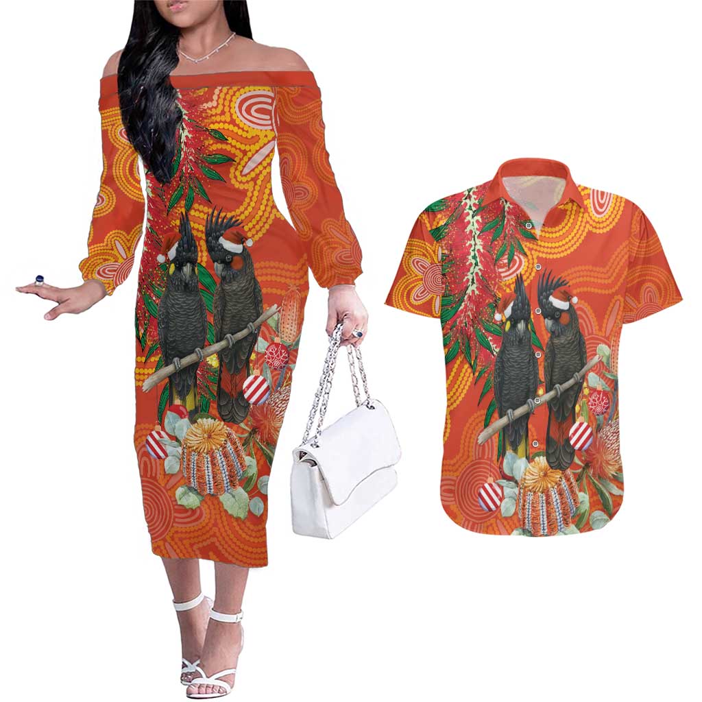 Australia Black Cockatoo Christmas Couples Matching Off The Shoulder Long Sleeve Dress and Hawaiian Shirt Banksia Bottlebrush Aboriginal Art - Aussie Hoodie