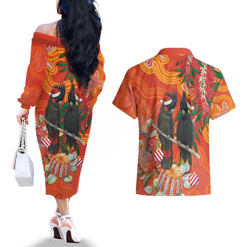 Australia Black Cockatoo Christmas Couples Matching Off The Shoulder Long Sleeve Dress and Hawaiian Shirt Banksia Bottlebrush Aboriginal Art - Aussie Hoodie