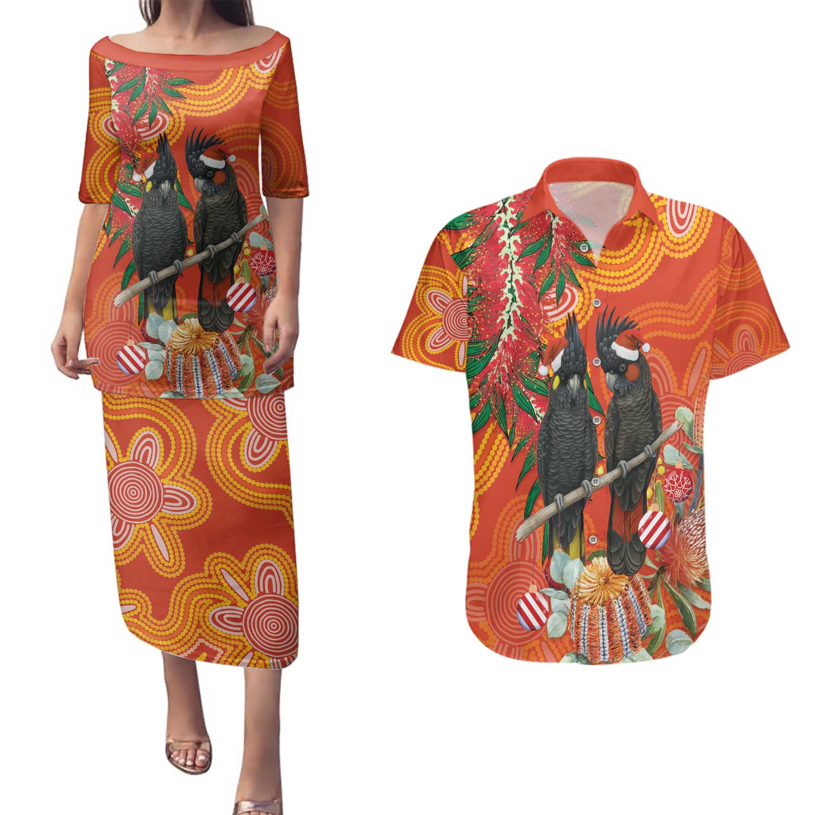 Australia Black Cockatoo Christmas Couples Matching Puletasi and Hawaiian Shirt Banksia Bottlebrush Aboriginal Art - Aussie Hoodie