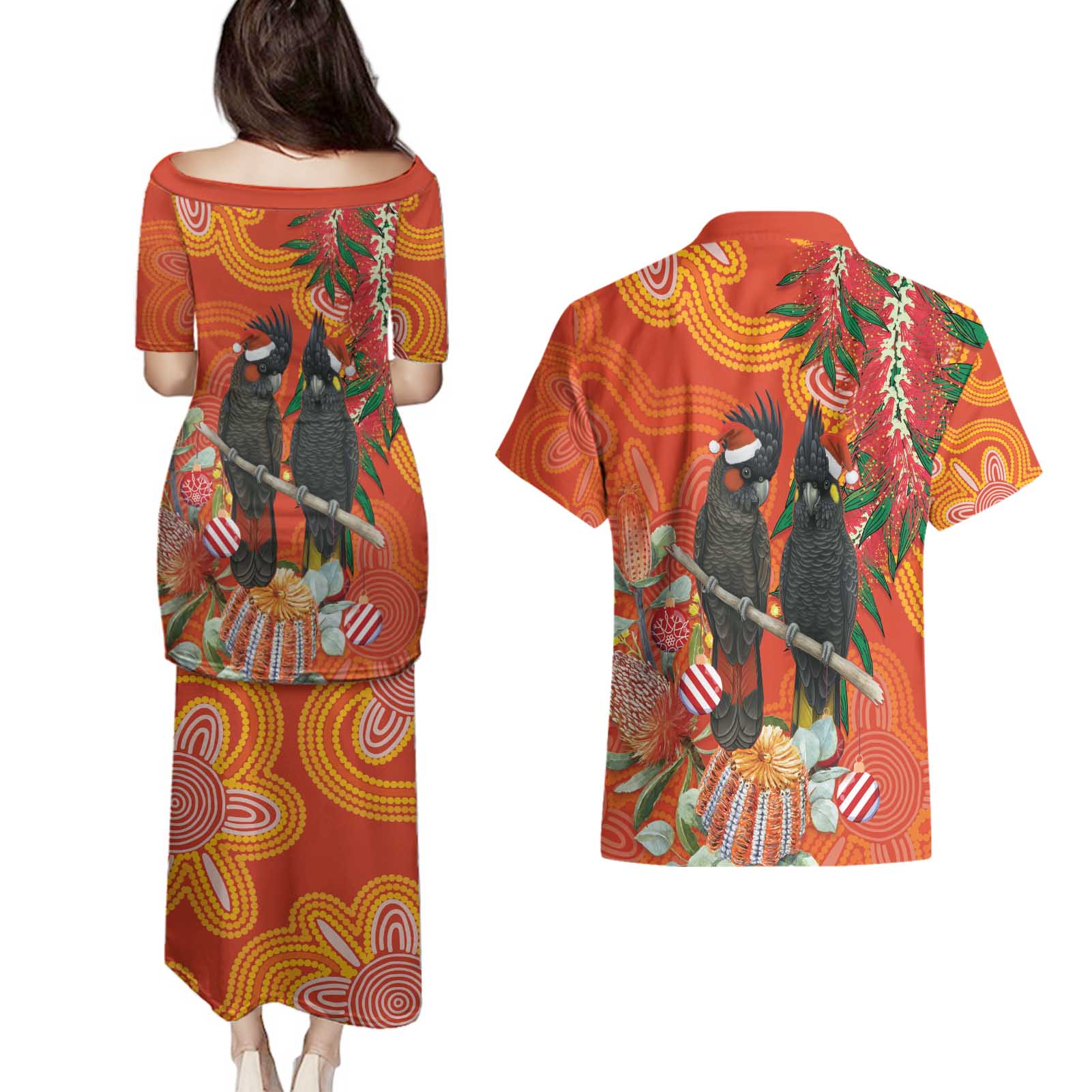 Australia Black Cockatoo Christmas Couples Matching Puletasi and Hawaiian Shirt Banksia Bottlebrush Aboriginal Art - Aussie Hoodie