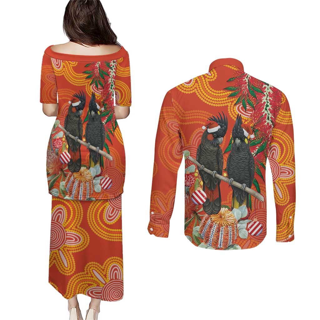 Australia Black Cockatoo Christmas Couples Matching Puletasi and Long Sleeve Button Shirt Banksia Bottlebrush Aboriginal Art - Aussie Hoodie