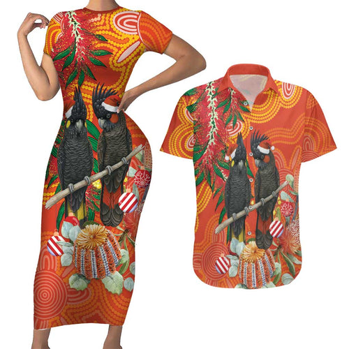 Australia Black Cockatoo Christmas Couples Matching Short Sleeve Bodycon Dress and Hawaiian Shirt Banksia Bottlebrush Aboriginal Art - Aussie Hoodie