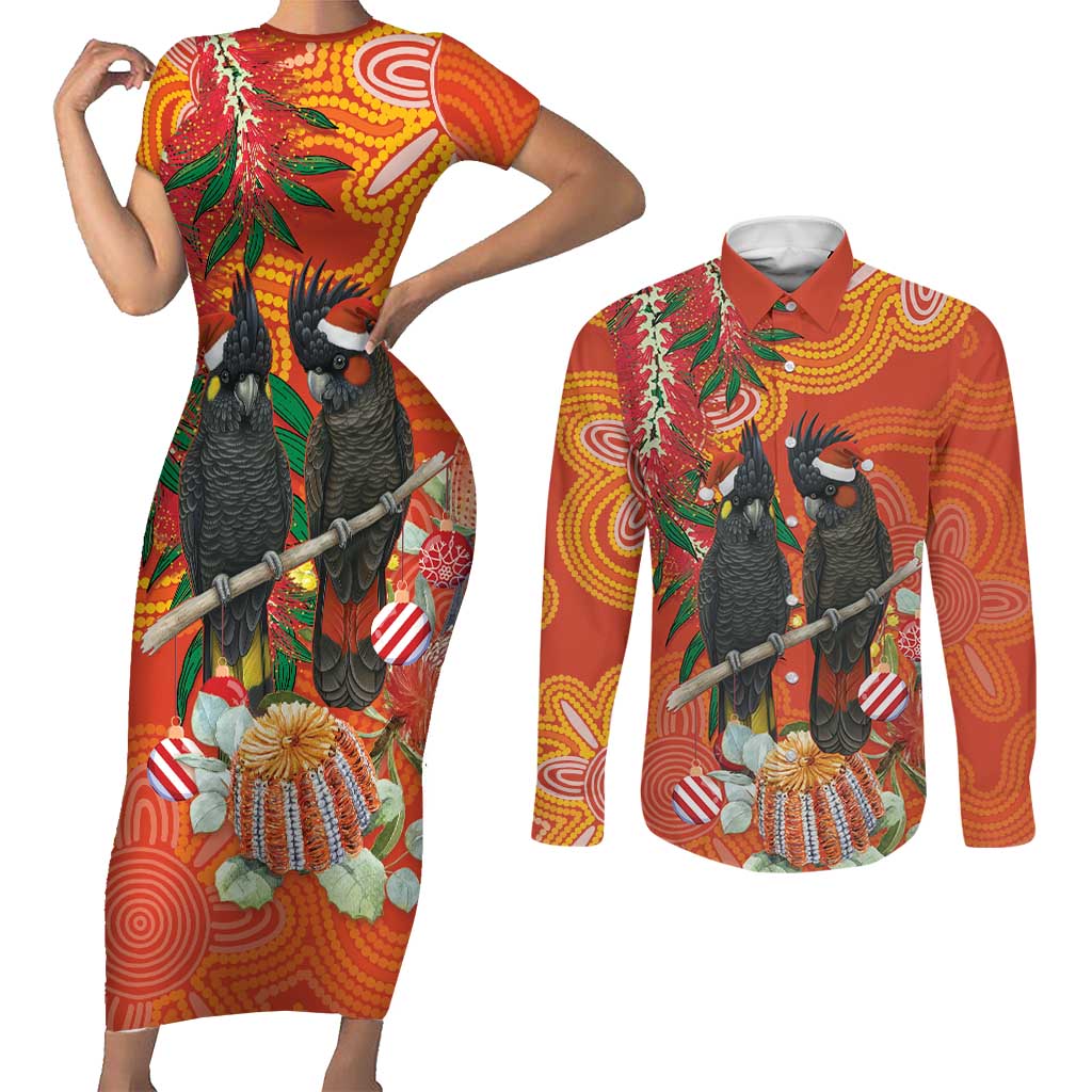 Australia Black Cockatoo Christmas Couples Matching Short Sleeve Bodycon Dress and Long Sleeve Button Shirt Banksia Bottlebrush Aboriginal Art - Aussie Hoodie