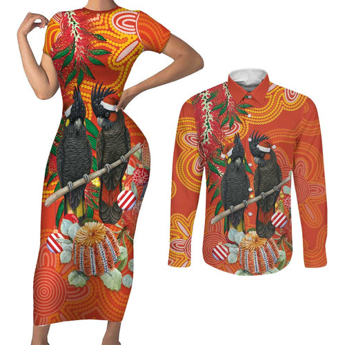Australia Black Cockatoo Christmas Couples Matching Short Sleeve Bodycon Dress and Long Sleeve Button Shirt Banksia Bottlebrush Aboriginal Art - Aussie Hoodie
