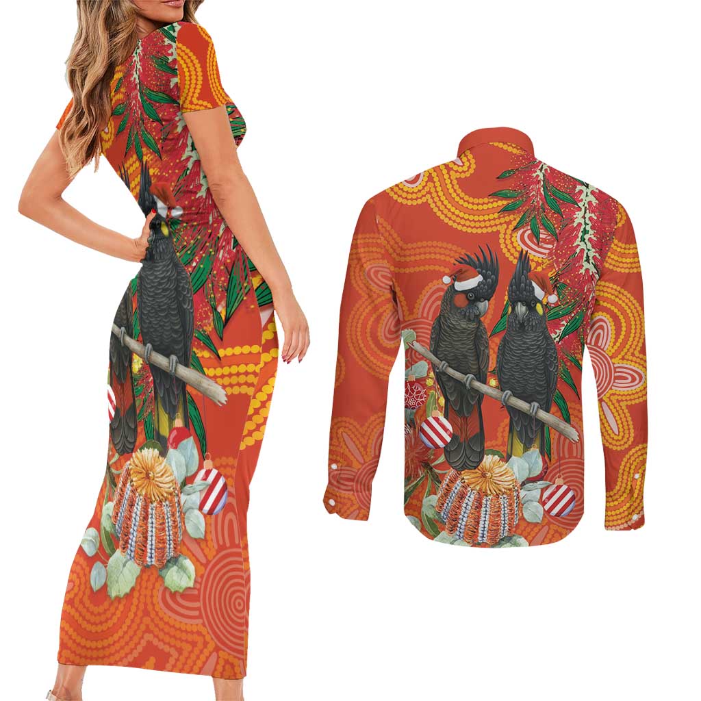 Australia Black Cockatoo Christmas Couples Matching Short Sleeve Bodycon Dress and Long Sleeve Button Shirt Banksia Bottlebrush Aboriginal Art - Aussie Hoodie