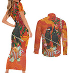 Australia Black Cockatoo Christmas Couples Matching Short Sleeve Bodycon Dress and Long Sleeve Button Shirt Banksia Bottlebrush Aboriginal Art - Aussie Hoodie
