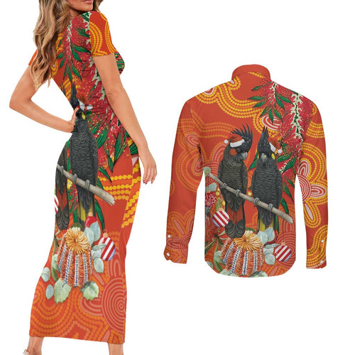 Australia Black Cockatoo Christmas Couples Matching Short Sleeve Bodycon Dress and Long Sleeve Button Shirt Banksia Bottlebrush Aboriginal Art - Aussie Hoodie