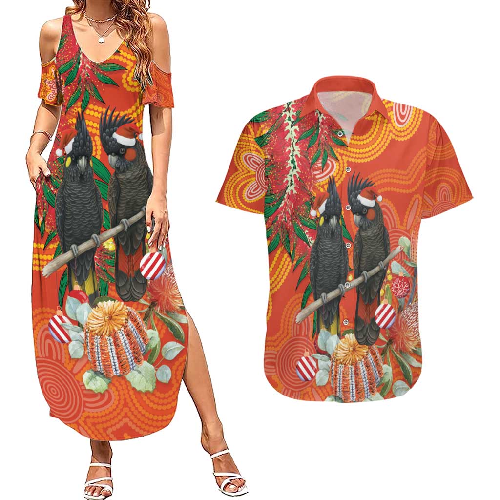 Australia Black Cockatoo Christmas Couples Matching Summer Maxi Dress and Hawaiian Shirt Banksia Bottlebrush Aboriginal Art - Aussie Hoodie