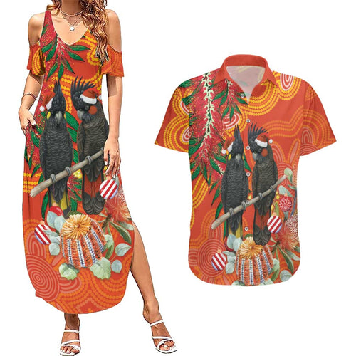 Australia Black Cockatoo Christmas Couples Matching Summer Maxi Dress and Hawaiian Shirt Banksia Bottlebrush Aboriginal Art - Aussie Hoodie