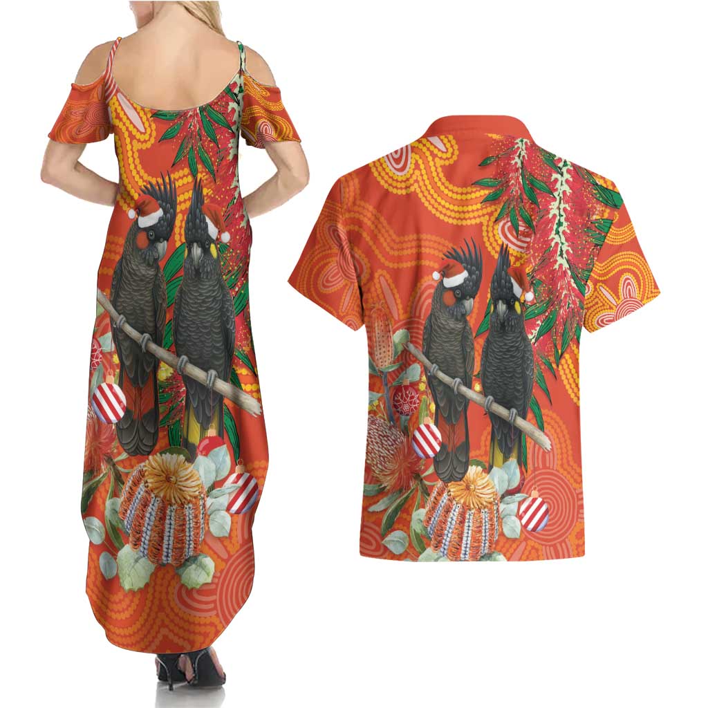 Australia Black Cockatoo Christmas Couples Matching Summer Maxi Dress and Hawaiian Shirt Banksia Bottlebrush Aboriginal Art - Aussie Hoodie