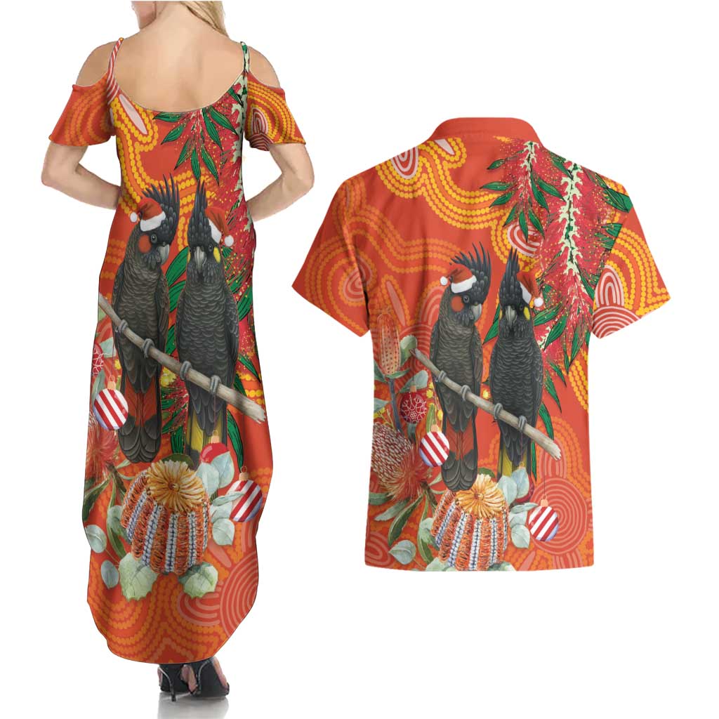 Australia Black Cockatoo Christmas Couples Matching Summer Maxi Dress and Hawaiian Shirt Banksia Bottlebrush Aboriginal Art - Aussie Hoodie