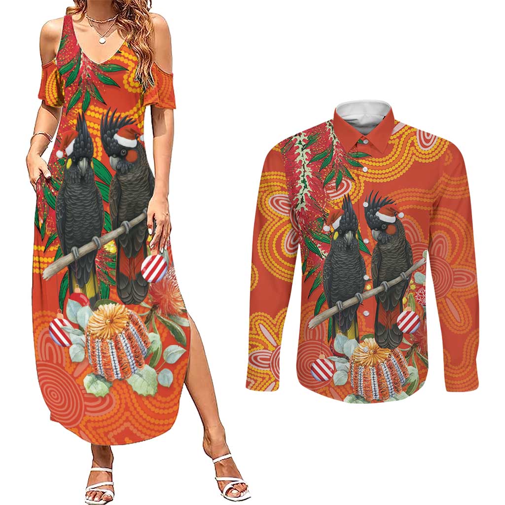 Australia Black Cockatoo Christmas Couples Matching Summer Maxi Dress and Long Sleeve Button Shirt Banksia Bottlebrush Aboriginal Art - Aussie Hoodie