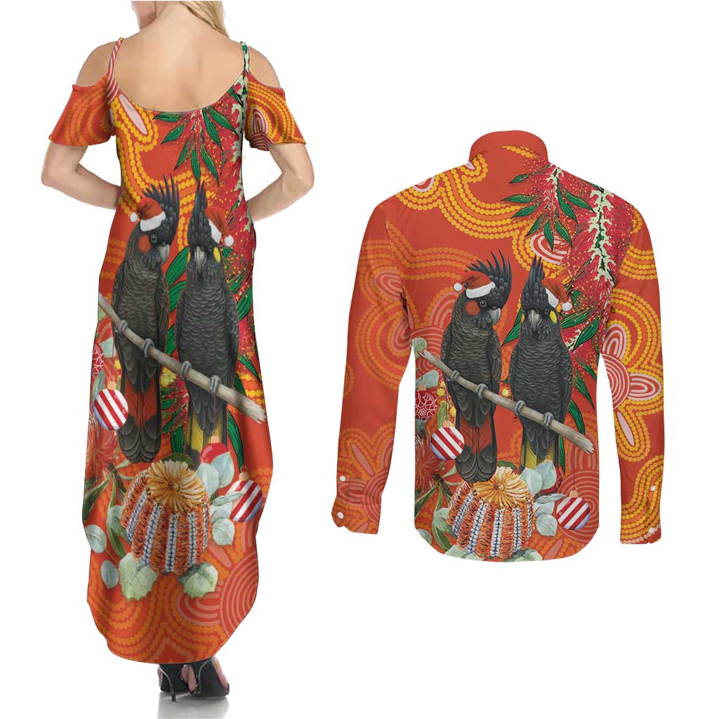 Australia Black Cockatoo Christmas Couples Matching Summer Maxi Dress and Long Sleeve Button Shirt Banksia Bottlebrush Aboriginal Art - Aussie Hoodie