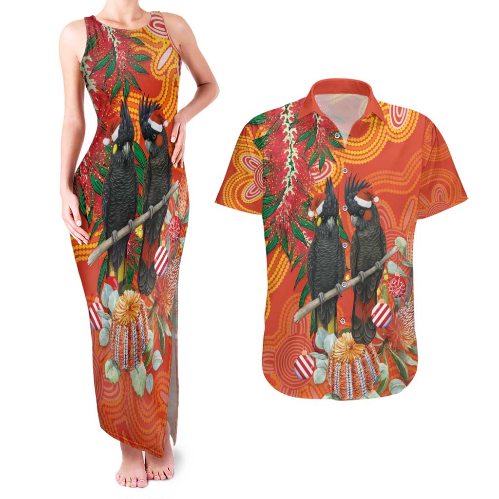 Australia Black Cockatoo Christmas Couples Matching Tank Maxi Dress and Hawaiian Shirt Banksia Bottlebrush Aboriginal Art - Aussie Hoodie
