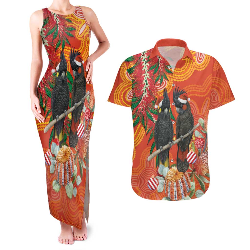 Australia Black Cockatoo Christmas Couples Matching Tank Maxi Dress and Hawaiian Shirt Banksia Bottlebrush Aboriginal Art - Aussie Hoodie