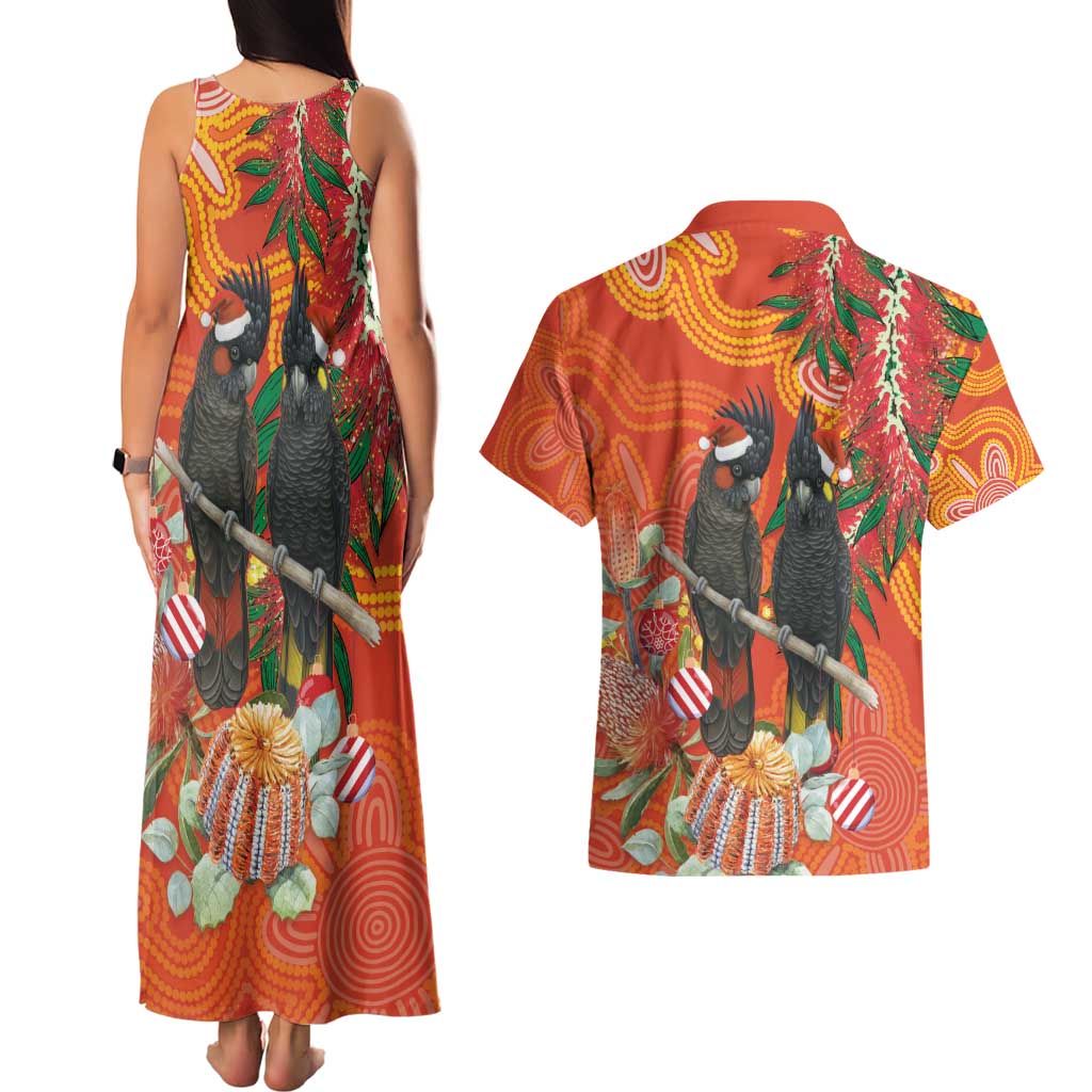 Australia Black Cockatoo Christmas Couples Matching Tank Maxi Dress and Hawaiian Shirt Banksia Bottlebrush Aboriginal Art - Aussie Hoodie