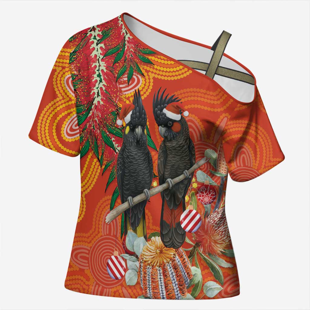 Australia Black Cockatoo Christmas Cross Shoulder Shirt Banksia Bottlebrush Aboriginal Art - Aussie Hoodie