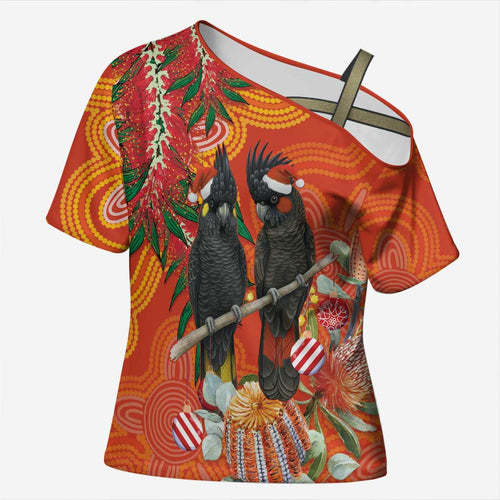 Australia Black Cockatoo Christmas Cross Shoulder Shirt Banksia Bottlebrush Aboriginal Art - Aussie Hoodie