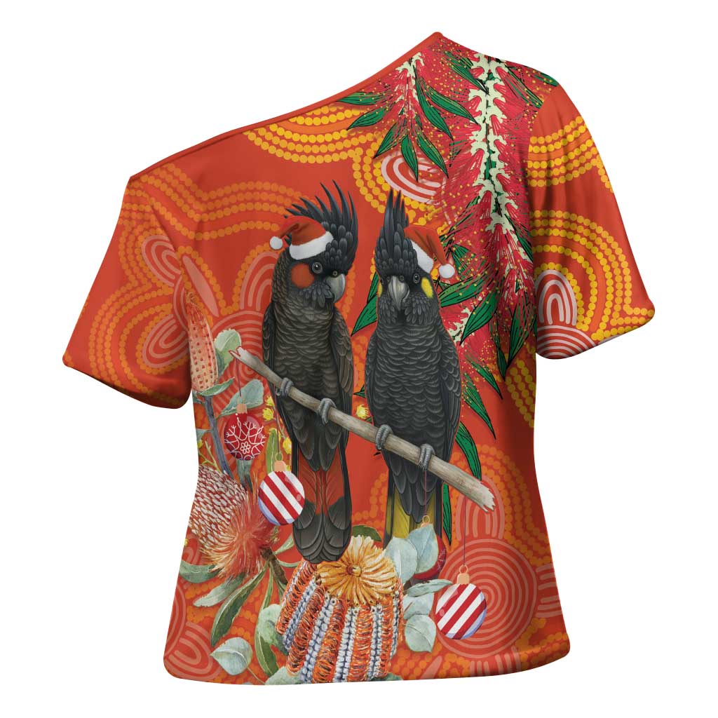 Australia Black Cockatoo Christmas Cross Shoulder Shirt Banksia Bottlebrush Aboriginal Art - Aussie Hoodie