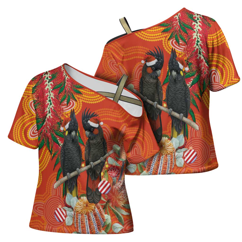 Australia Black Cockatoo Christmas Cross Shoulder Shirt Banksia Bottlebrush Aboriginal Art - Aussie Hoodie
