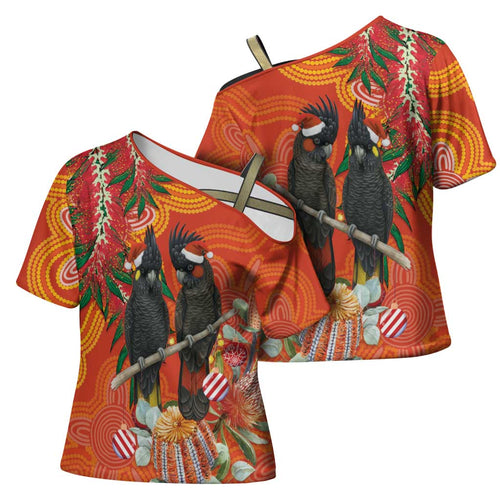 Australia Black Cockatoo Christmas Cross Shoulder Shirt Banksia Bottlebrush Aboriginal Art - Aussie Hoodie