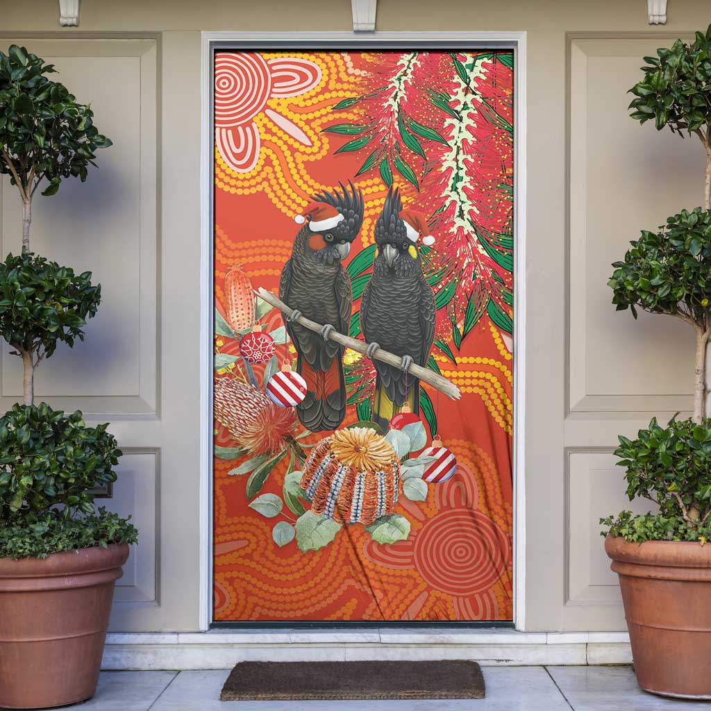 Australia Black Cockatoo Christmas Door Cover Banksia Bottlebrush Aboriginal Art - Aussie Hoodie