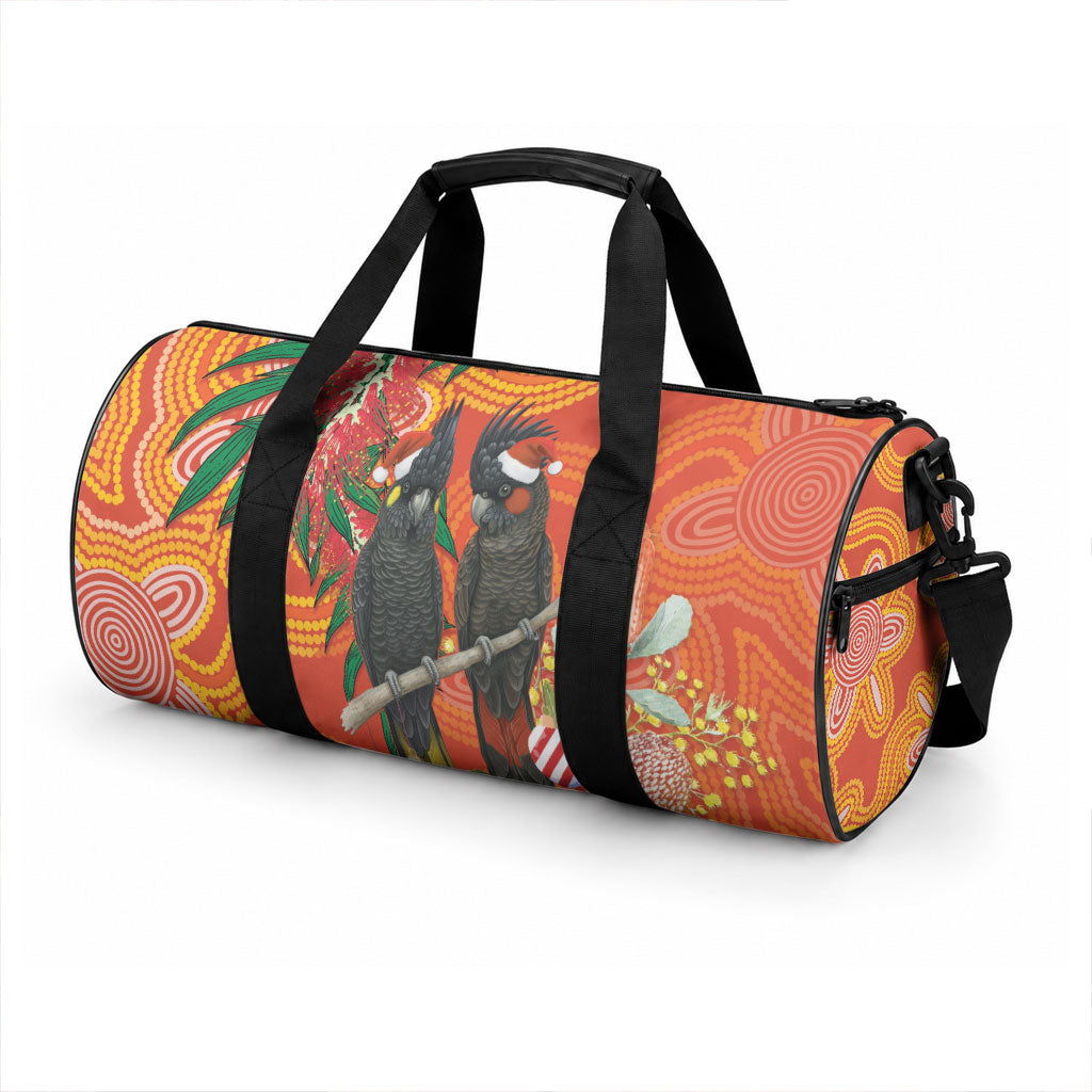 Australia Black Cockatoo Christmas Duffle Bag Banksia Bottlebrush Aboriginal Art