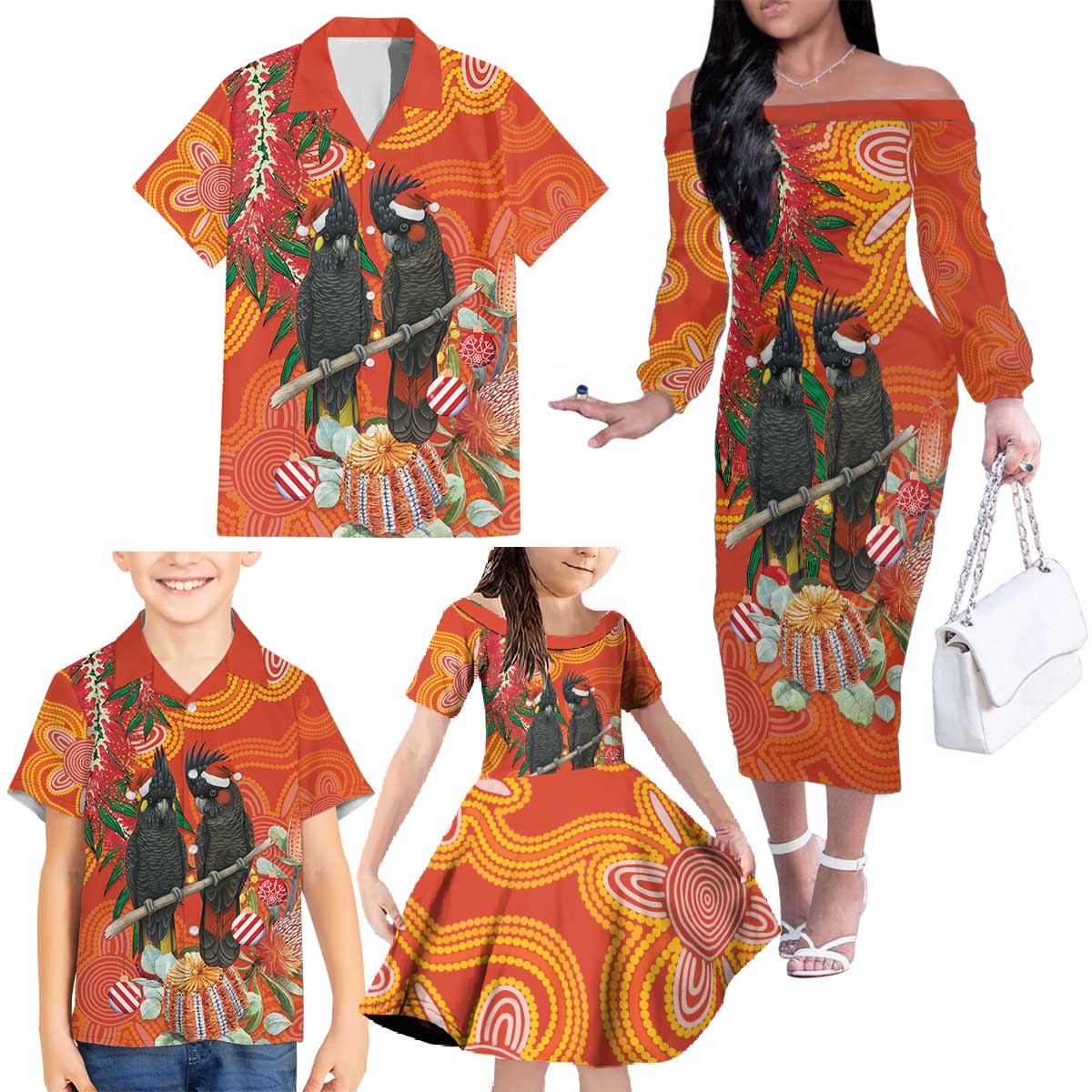 Australia Black Cockatoo Christmas Family Matching Off The Shoulder Long Sleeve Dress and Hawaiian Shirt Banksia Bottlebrush Aboriginal Art - Aussie Hoodie