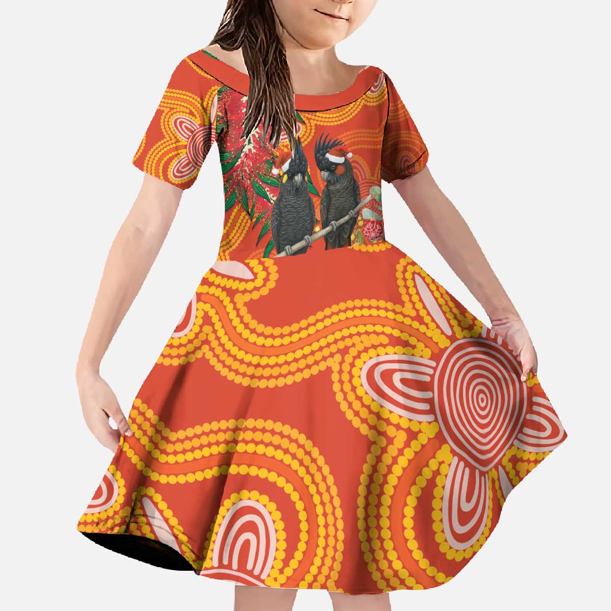 Australia Black Cockatoo Christmas Family Matching Off The Shoulder Long Sleeve Dress and Hawaiian Shirt Banksia Bottlebrush Aboriginal Art - Aussie Hoodie