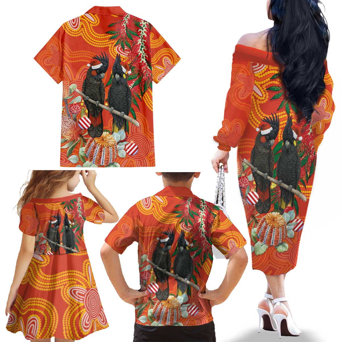 Australia Black Cockatoo Christmas Family Matching Off The Shoulder Long Sleeve Dress and Hawaiian Shirt Banksia Bottlebrush Aboriginal Art - Aussie Hoodie
