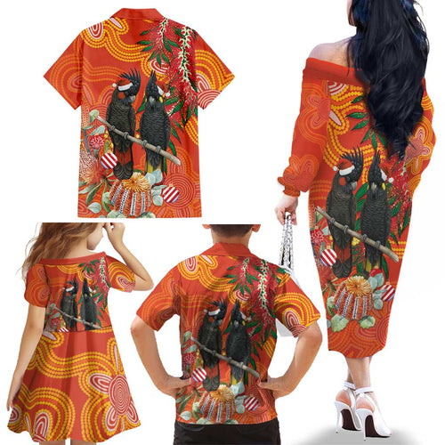 Australia Black Cockatoo Christmas Family Matching Off The Shoulder Long Sleeve Dress and Hawaiian Shirt Banksia Bottlebrush Aboriginal Art - Aussie Hoodie