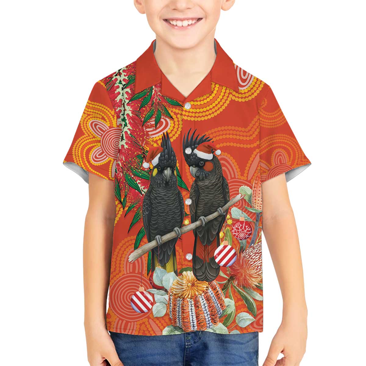 Australia Black Cockatoo Christmas Family Matching Off The Shoulder Long Sleeve Dress and Hawaiian Shirt Banksia Bottlebrush Aboriginal Art - Aussie Hoodie